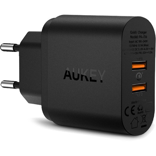 Сетевое зарядное устройство Aukey Dual Port Turbo Charger QC 3.0 чёрное