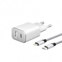 Сетевое зарядное устройство Deppa 18 Вт и кабель MFi USB-C/Lightning (USB-C PD 3.0, USB-A QC 3.0) белое