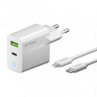 Сетевое зарядное устройство Deppa 20 Вт и кабель MFi USB-C/Lightning (USB-C PD 3.0, USB-A QC 3.0) белое