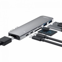 Мульти-хаб Xiaomi Mi HAGiBiS DC7 с двойным коннектором USB-C (Thunderbolt 3, USB-C, 2 USB-A 3.0, SD, microSD, HDMI 4K 30 Гц) серый космос
